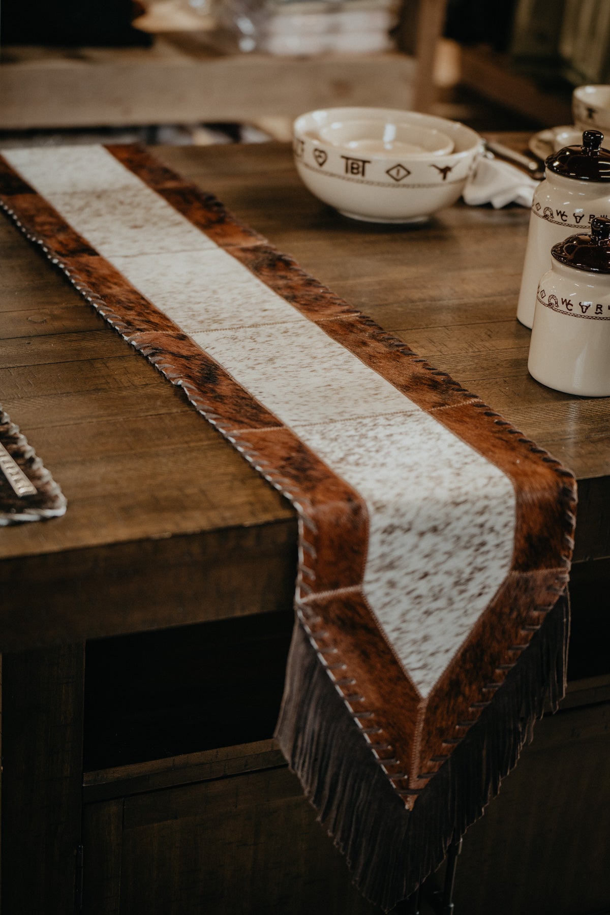 Cowhide 6ft' Table Runner with Fringe