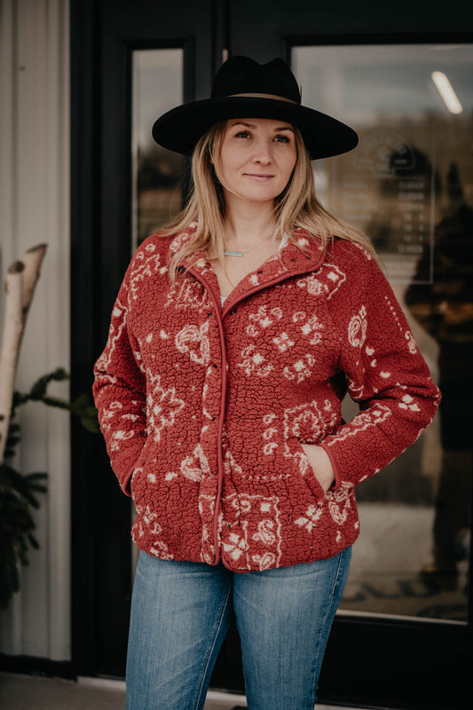 'Mulberry' Womens Wrangler Retro Bandanna Print Sherpa Jacket (S-XL)