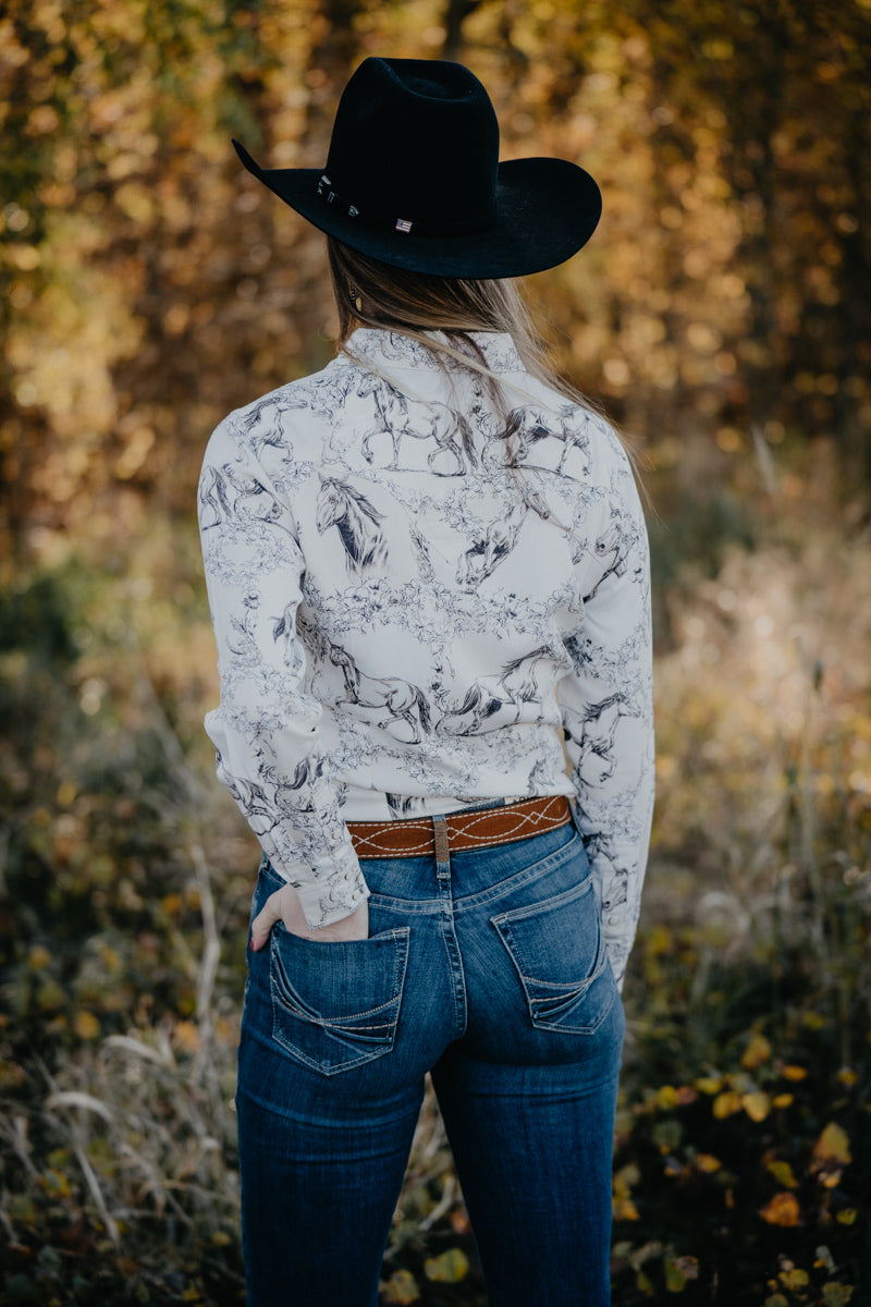 'Tina' Women's Wrangler Cream & Tan Horse Printed Pearl Snap (S-XXL)