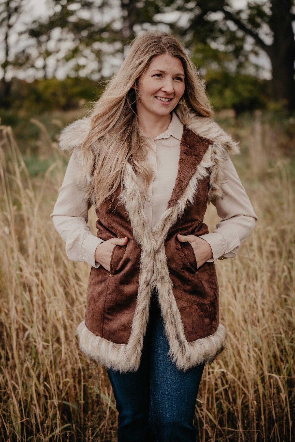 'Nora' Suede Vest with Faux Fur Trim by Tasha Polizzi (S - XL)