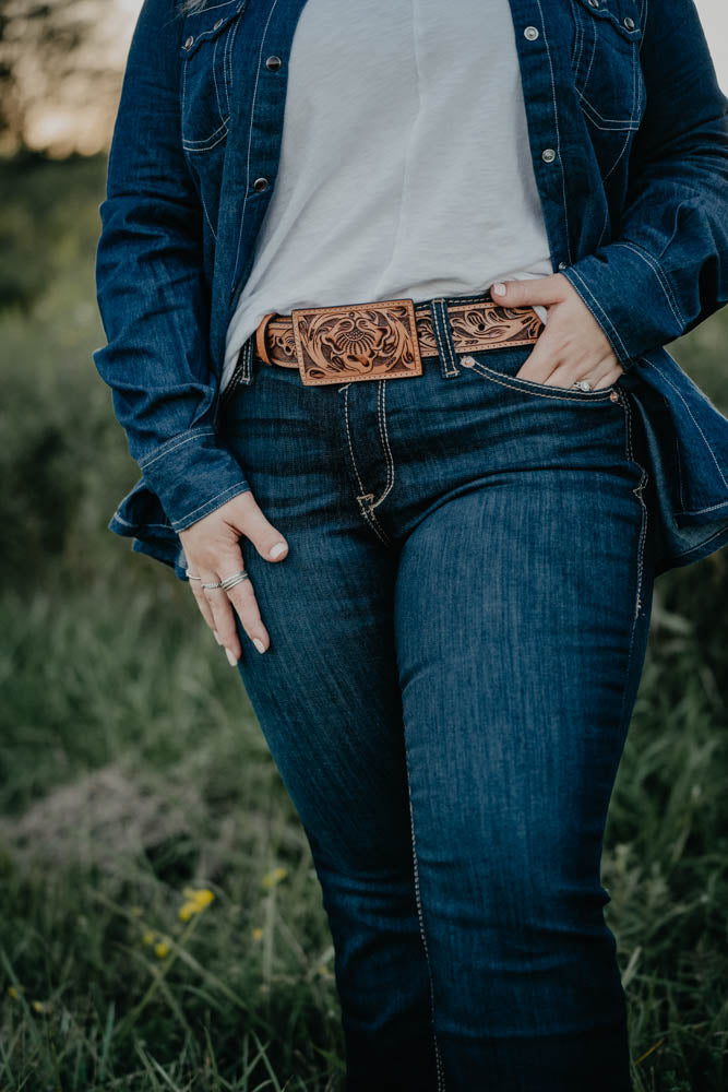 Tooled Leather Belts with Rectangular Leather Buckle (2 Colours, Sizes 32-38)