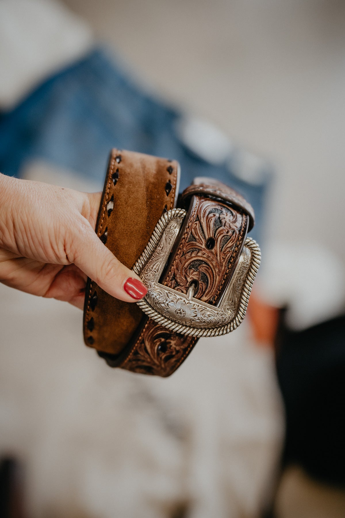 Men's Roughout Belt with Buck Stitch and Tooled Leather Billets (Sizes 32-40)