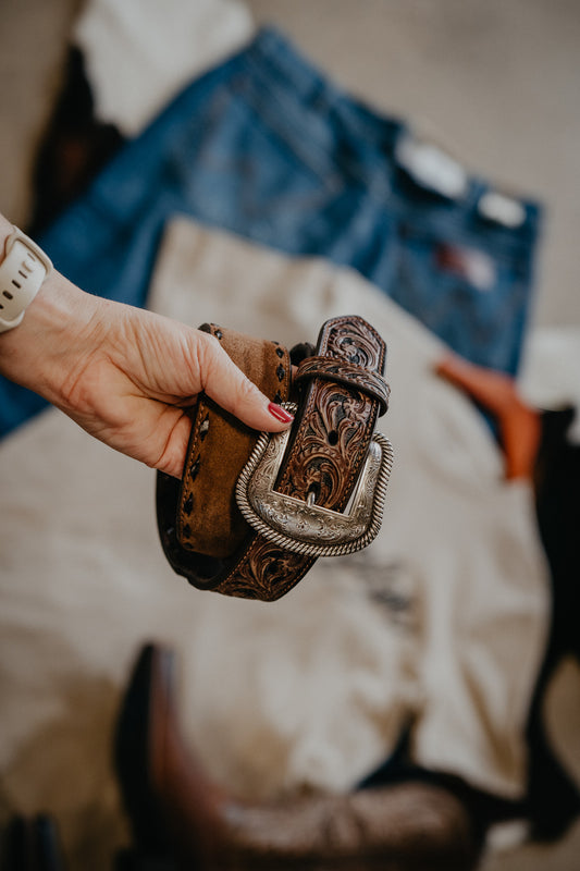 Men's Roughout Belt with Buck Stitch and Tooled Leather Billets (Sizes 32-40)