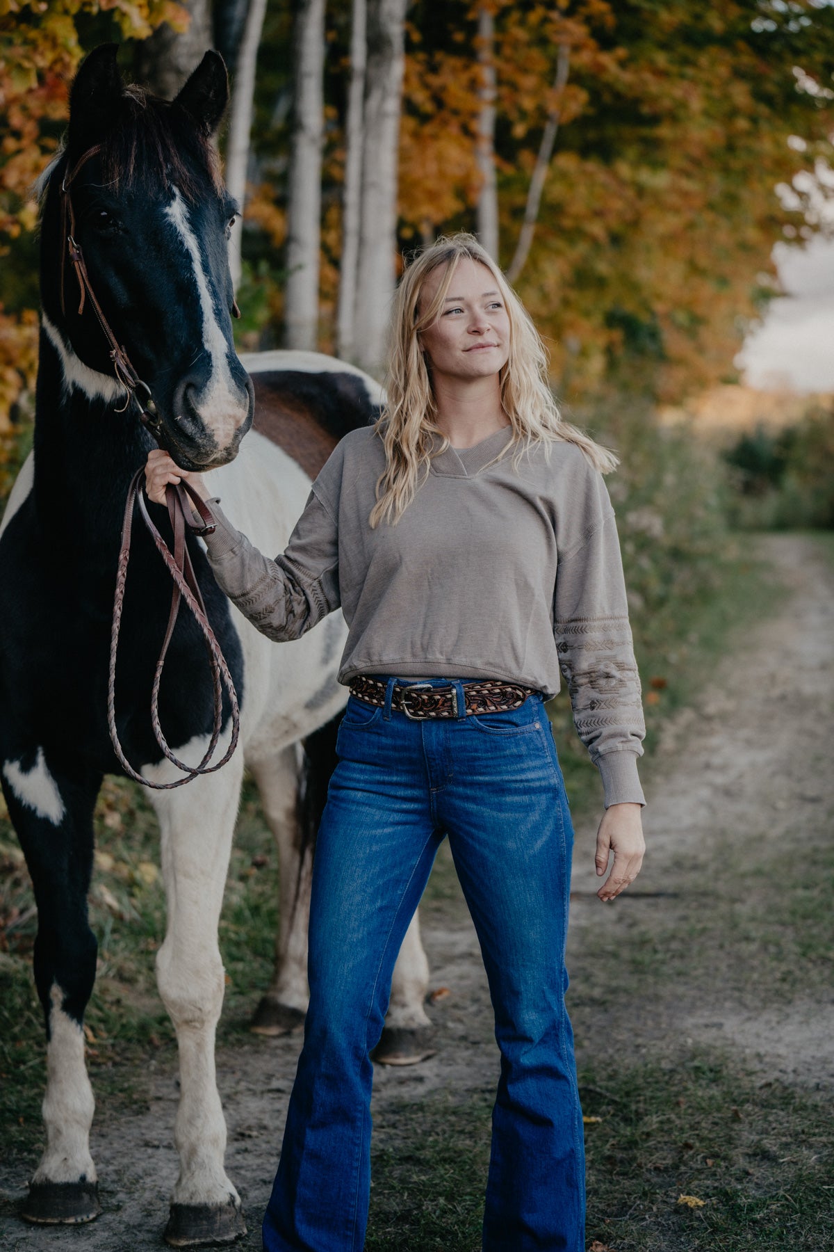 'Brindle' Women's Tan Crewneck with Aztec Embroidered Sleeve by Ariat (XS - XXL)