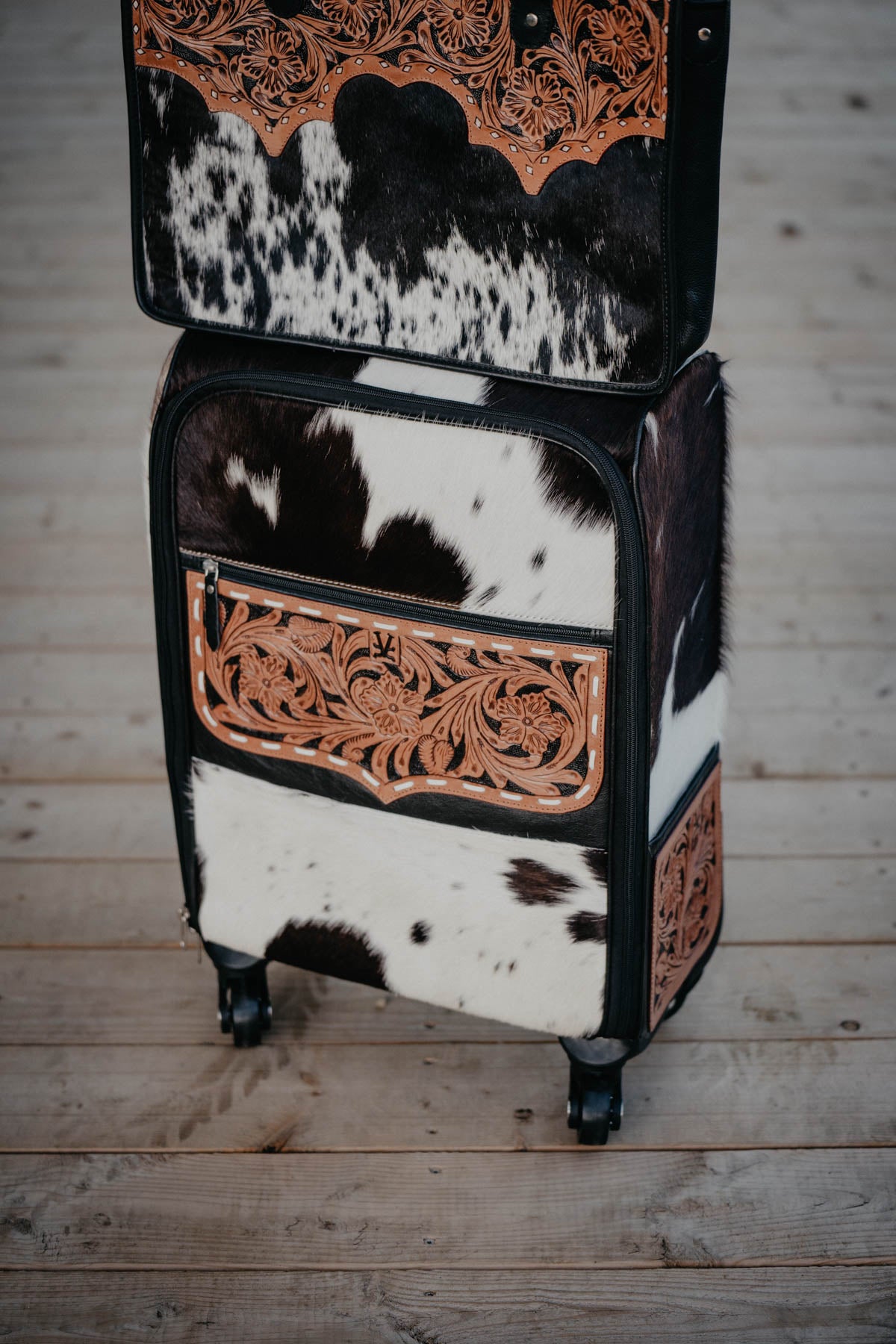 Rolling Tooled Leather and Cowhide Suitcase
