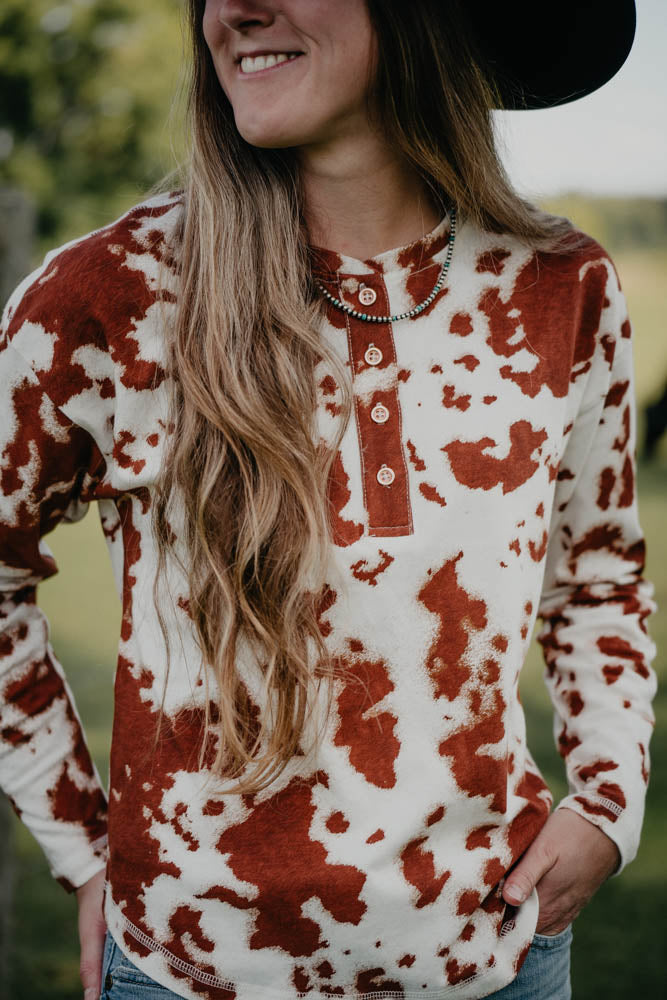 'Heidi' Women's Ariat Long Sleeve Cowprint Henley Top (XS-XXL)