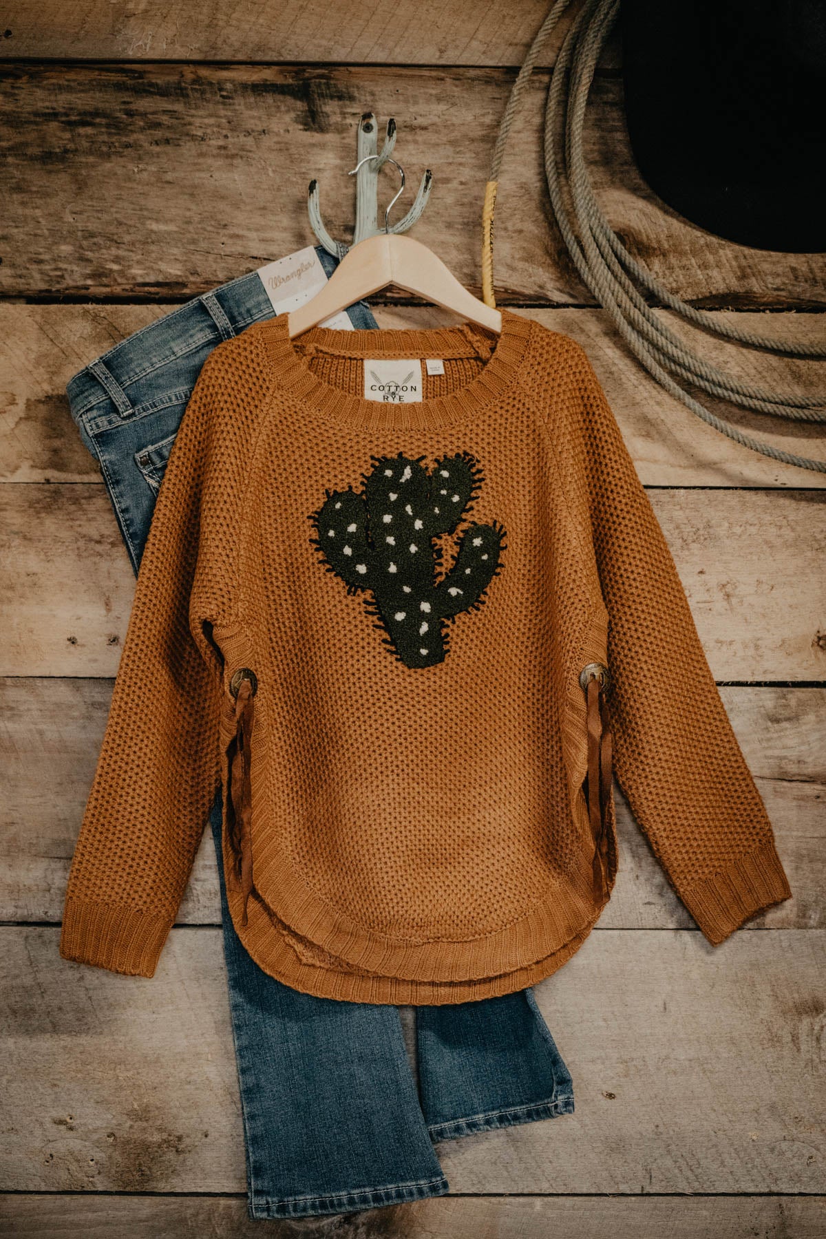 Girl's Caramel Round Hem Sweater with Cactus Applique (8 - 16)