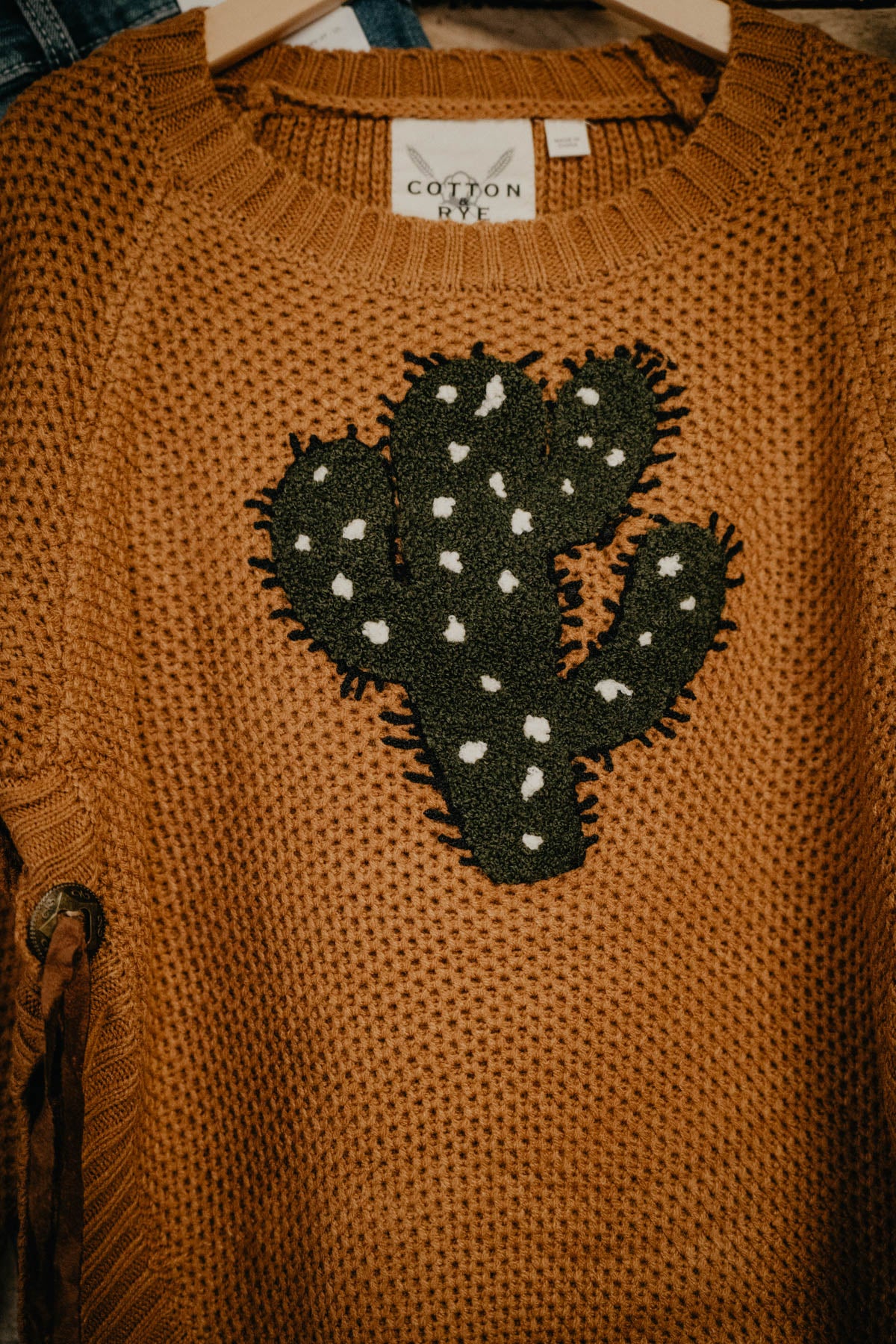 Girl's Caramel Round Hem Sweater with Cactus Applique (8 - 16)