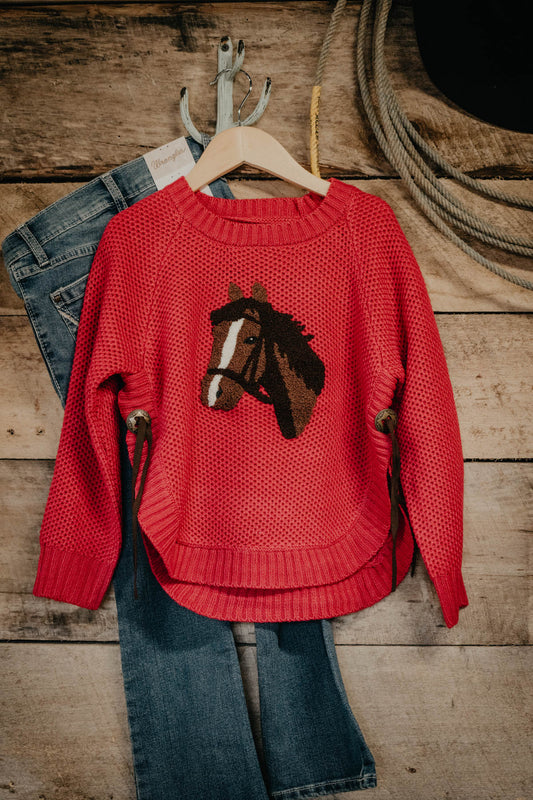 Girl's Pink Round Hem Sweater with Horse Applique (4T - 12)