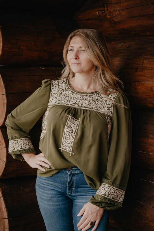 'Aster' Olive Floral Embroidered Top (S-L)