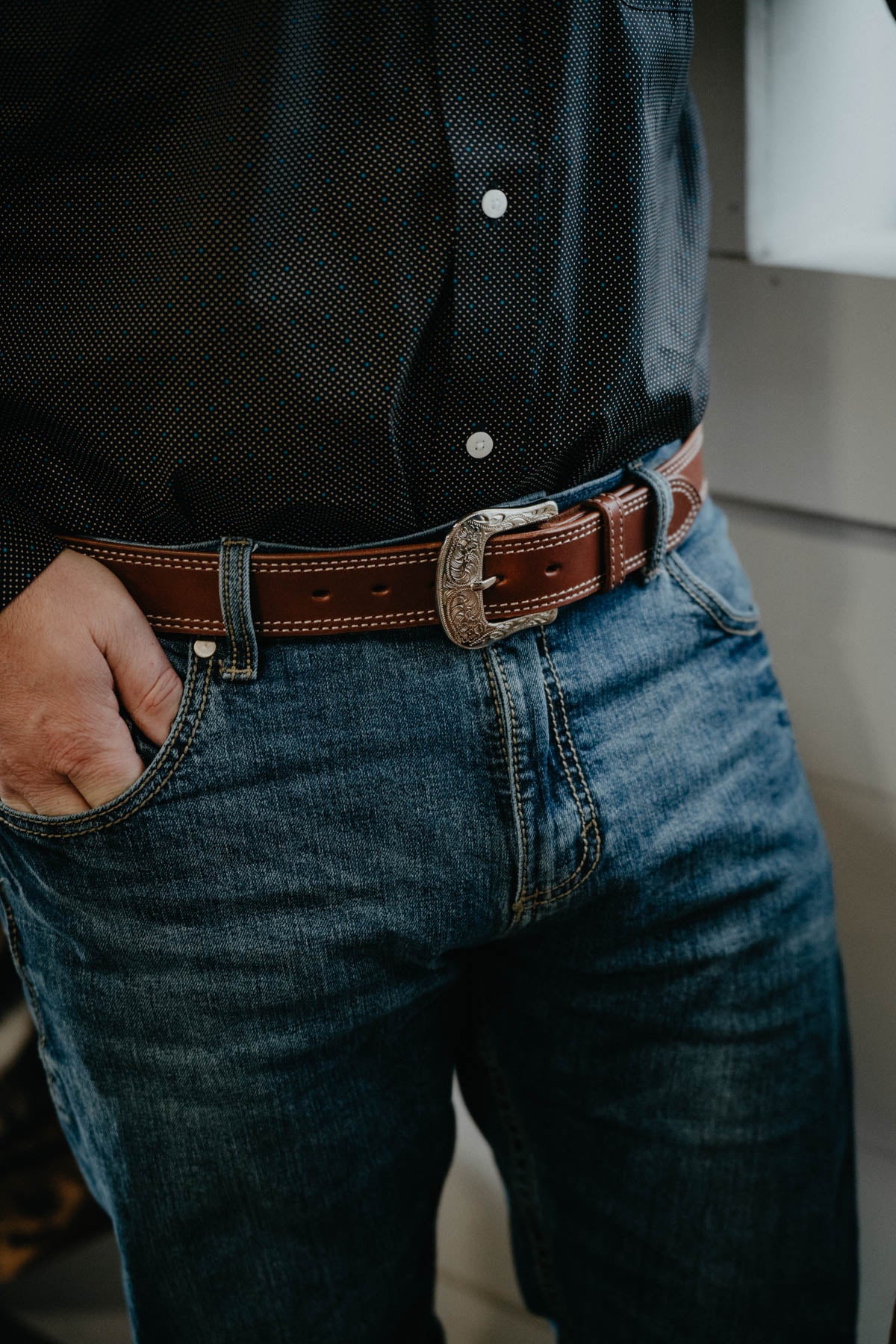 Men's Brown Leather Figure 8 Stitched Belt