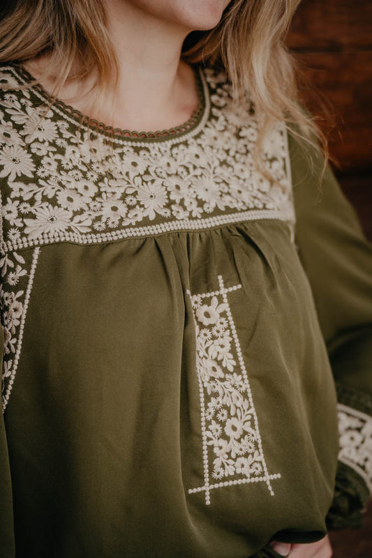 'Aster' Olive Floral Embroidered Top (S-L)