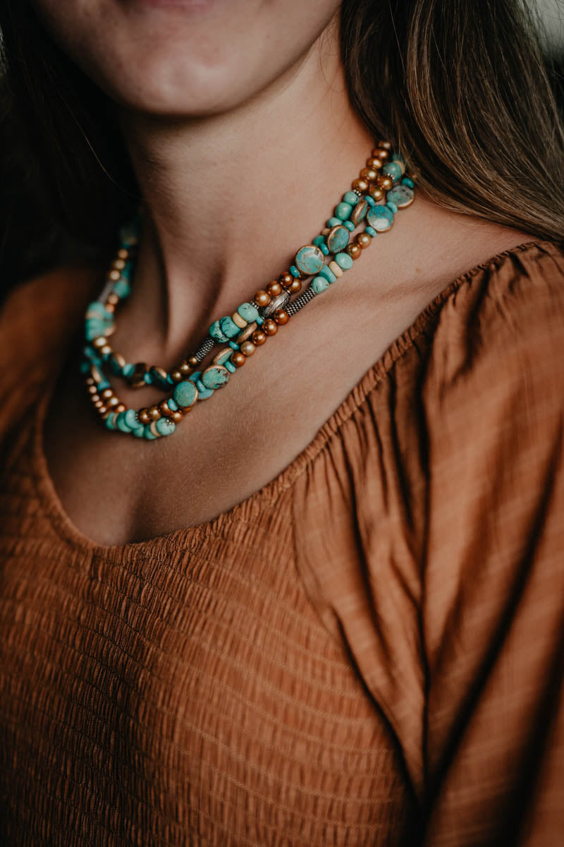 Turquoise 3 Strand Necklace with Copper Accents