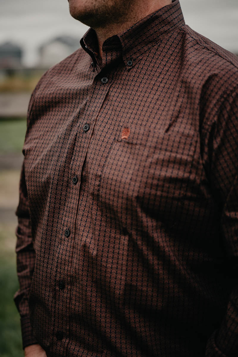 'Dooley' Men's CINCH Black & Brown Geometric Print Classic Fit Button Up
