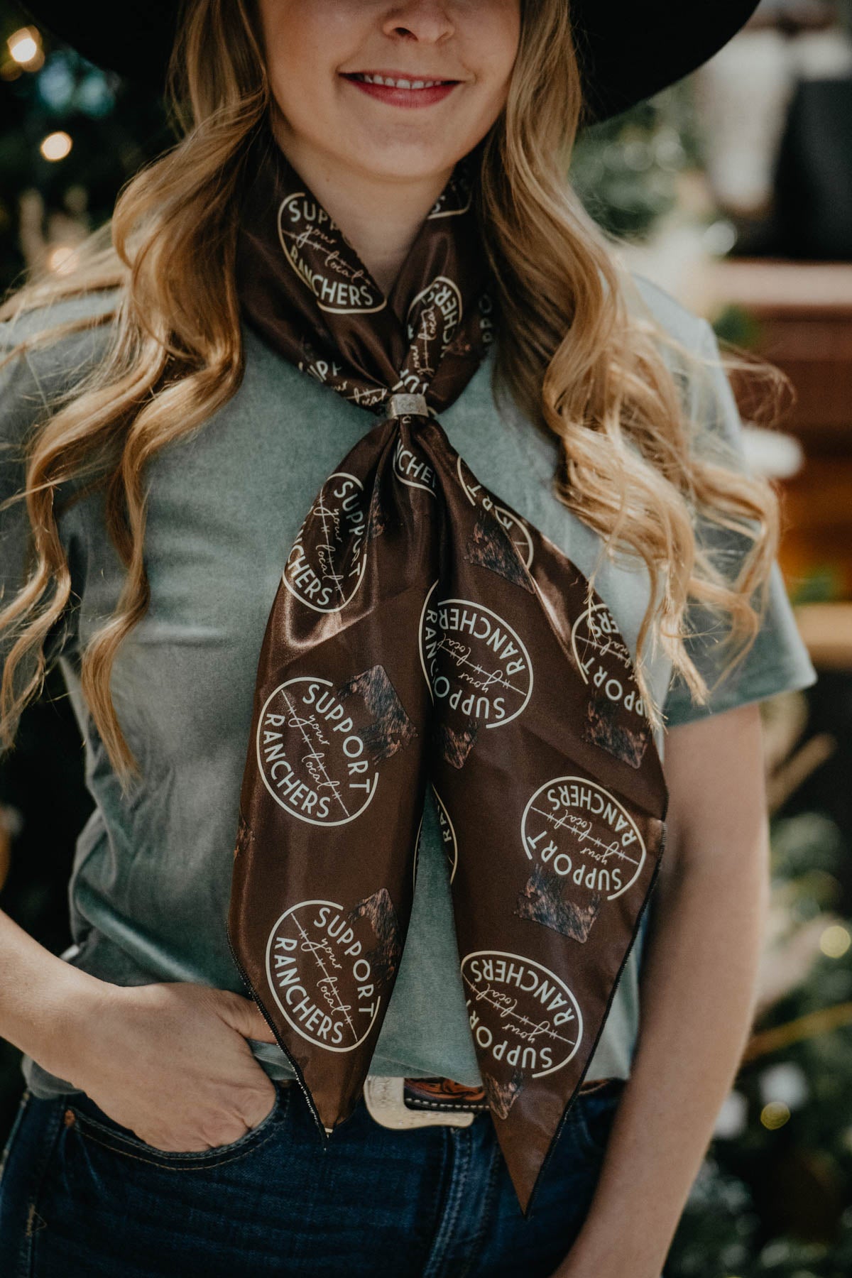 'Support Your Local Ranchers' Printed Chocolate Satin Wild Rag