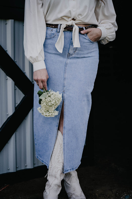 'Clover' Denim Midi Skirt with Slit (S-L)