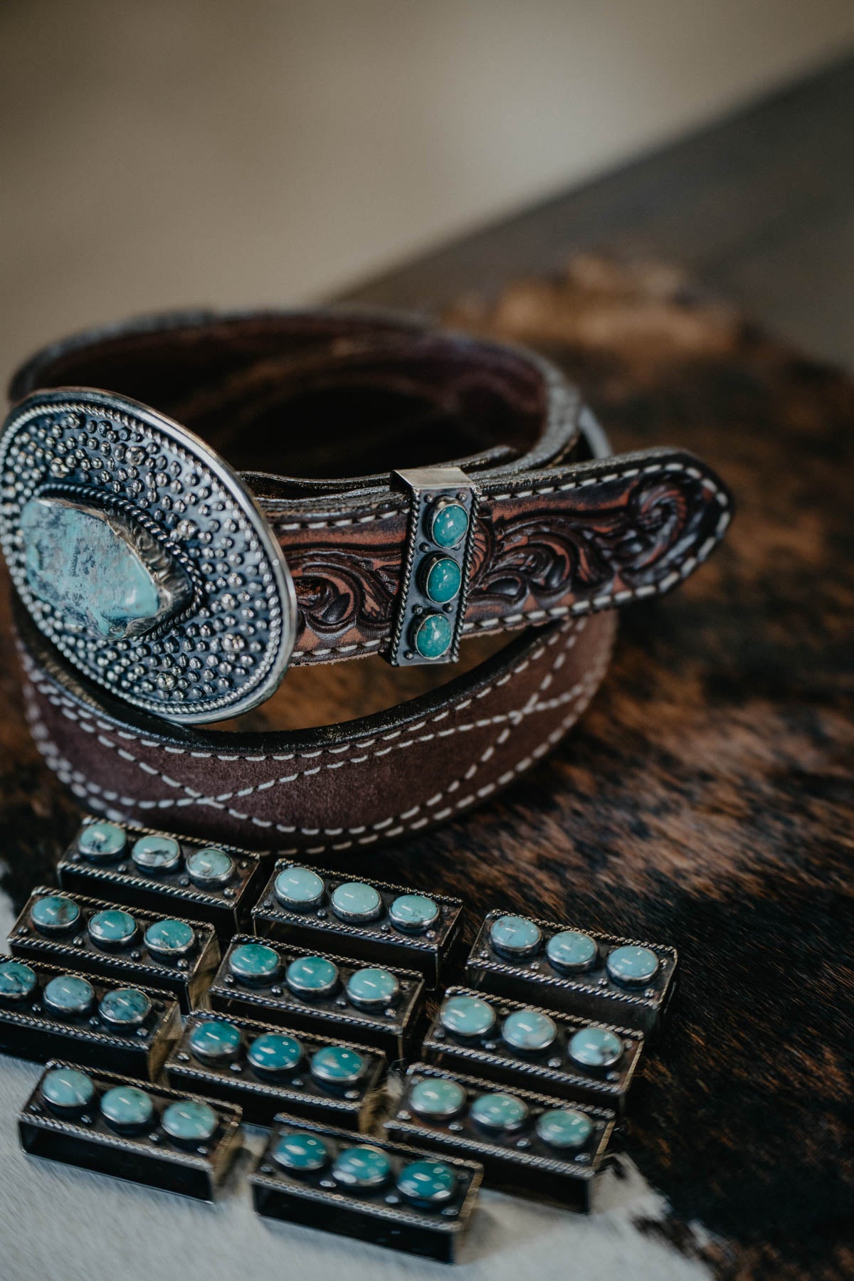 Rope Edge Belt Keeper German Silver with Turquoise Stones by Paige Wallace