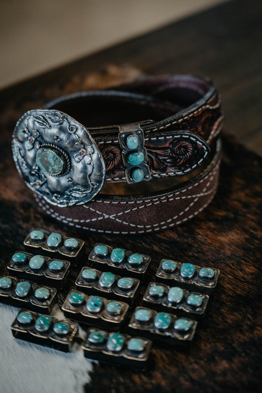 Scallop Edge Belt Keeper German Silver with Turquoise Stones by Paige Wallace