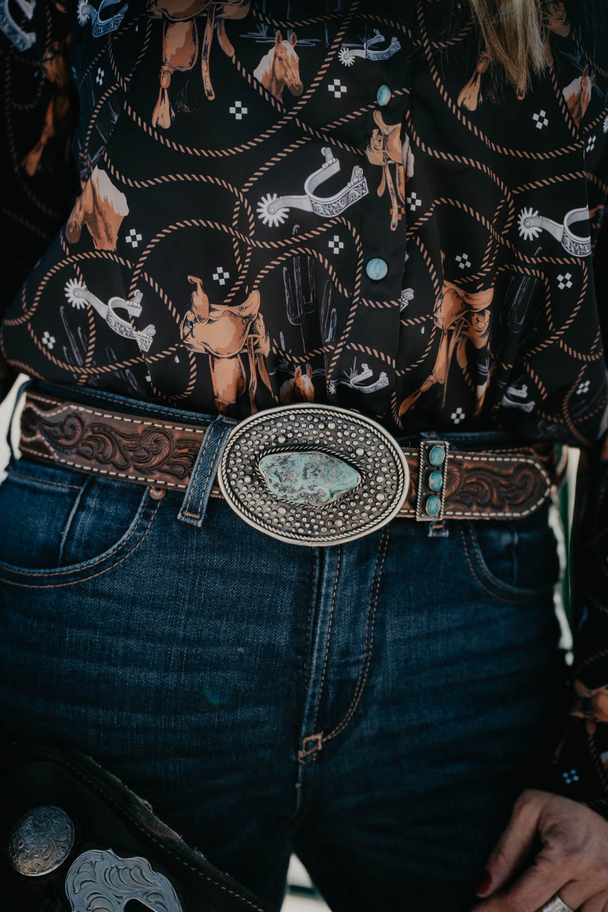 Rope Edge Belt Keeper German Silver with Turquoise Stones by Paige Wallace