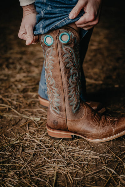 Futurity Boon Western Boot by Ariat (Buckskin Roughout & Teal)