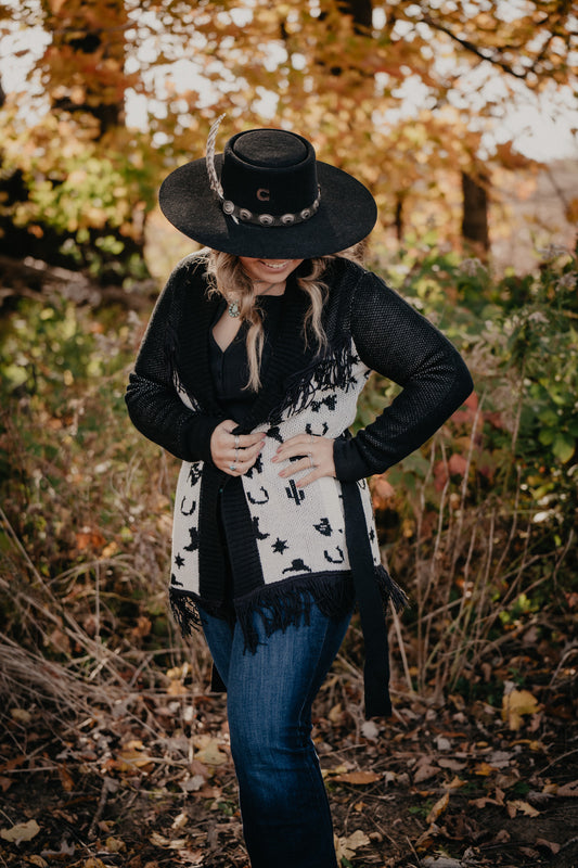 'Glacier' Black and White Rodeo Print Cardigan with Fringe (XS-XL)