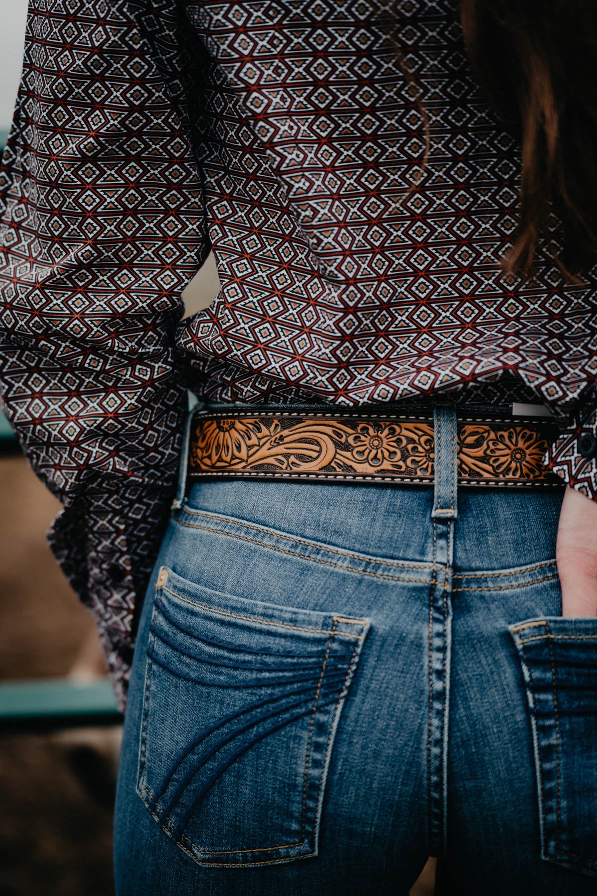 Floral Tooled Leather Belt with Silver Buckle