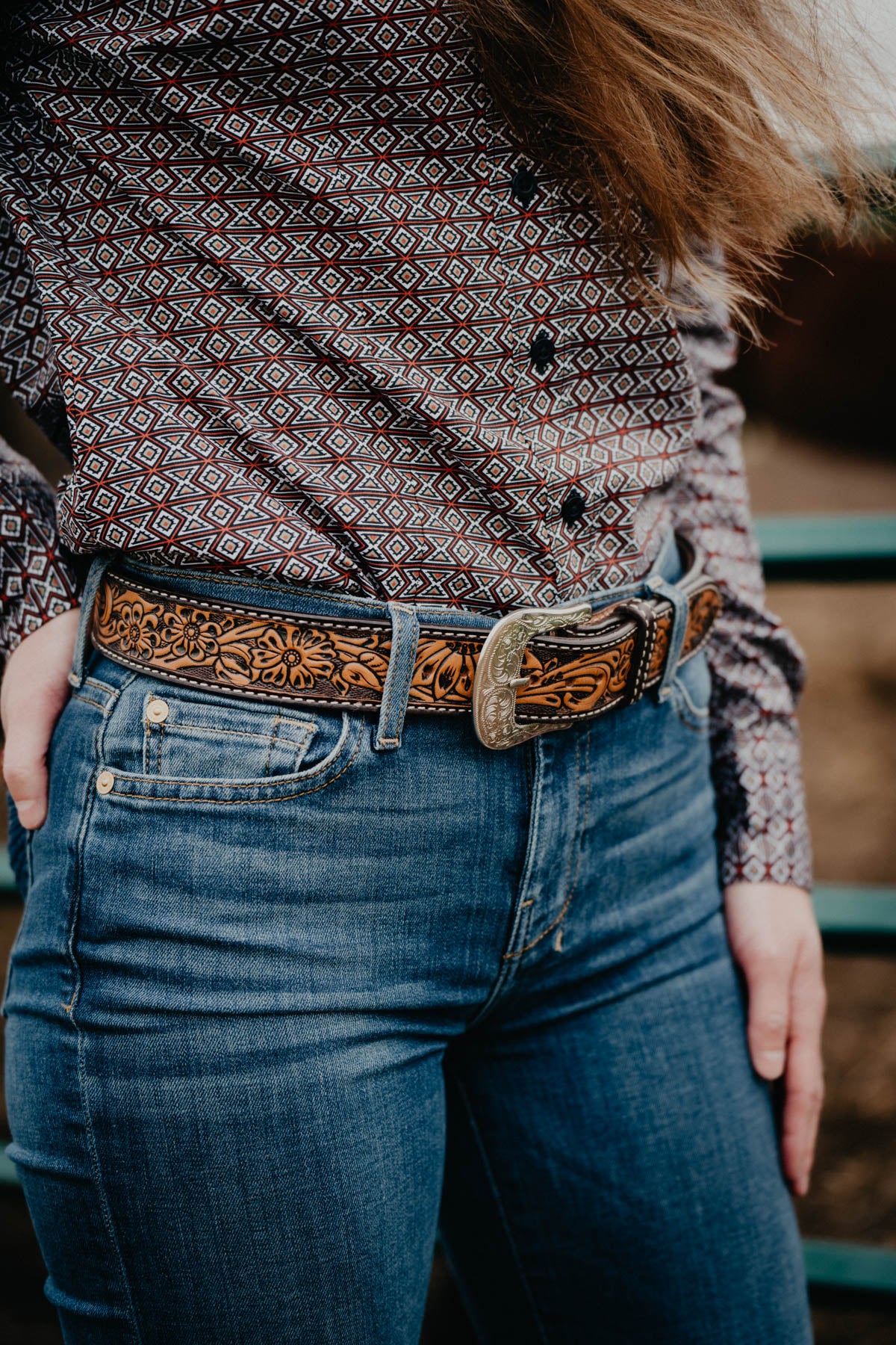 Floral Tooled Leather Belt with Silver Buckle