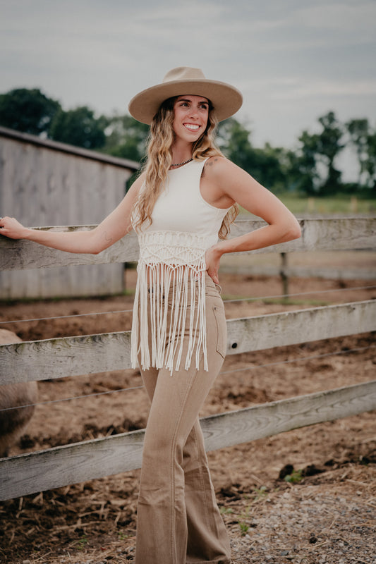 ‘Tasha’ White Fringe Macrame Tank Top (M & L Only)