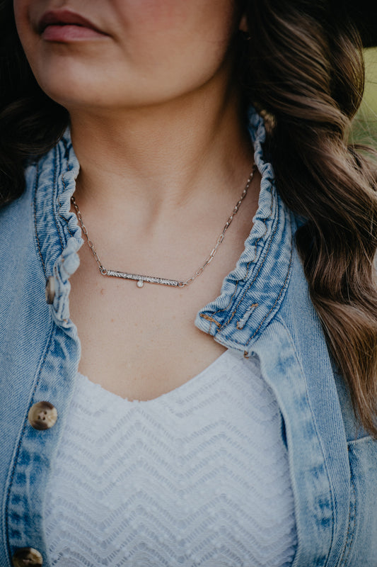 Tooled Sterling Bar Necklace with Diamond Accent