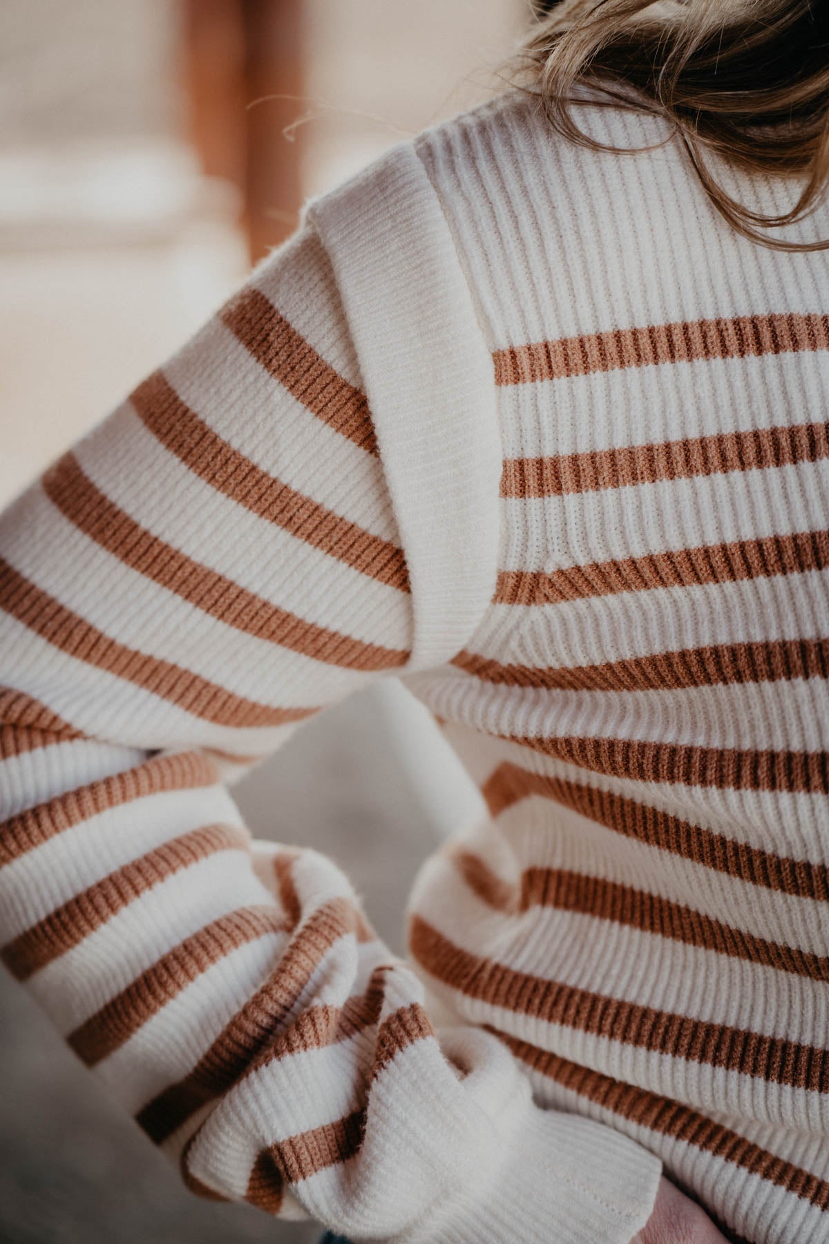 'Sahara' Caramel & Ivory Striped Crewneck Knit Ruffle Sleeve Pullover (S - L)