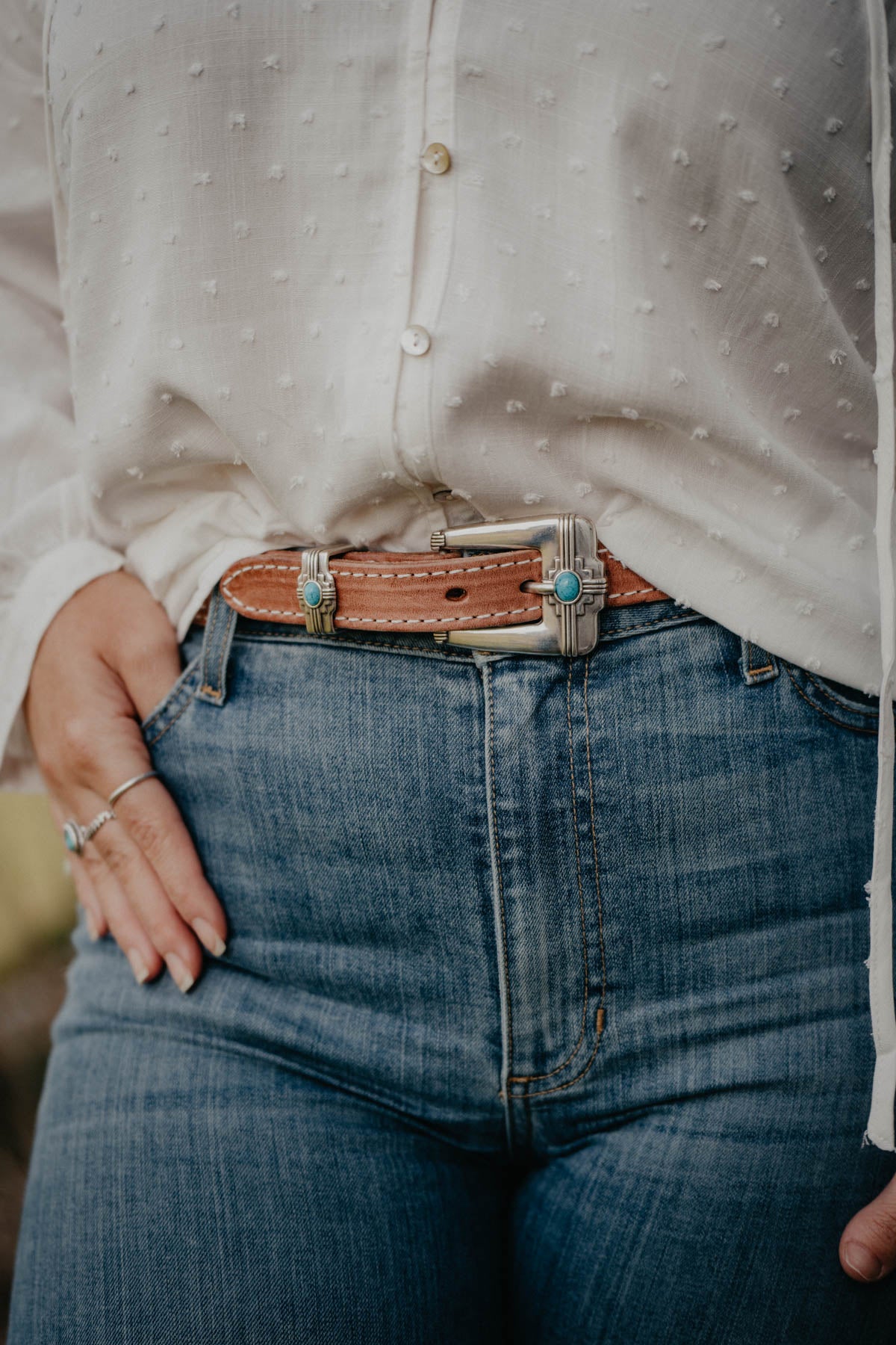 Light Leather Belt with Double Row White Stitching and Turquoise and Silver Buckle by Double J Saddlery (1 1/2" tapered to 1")