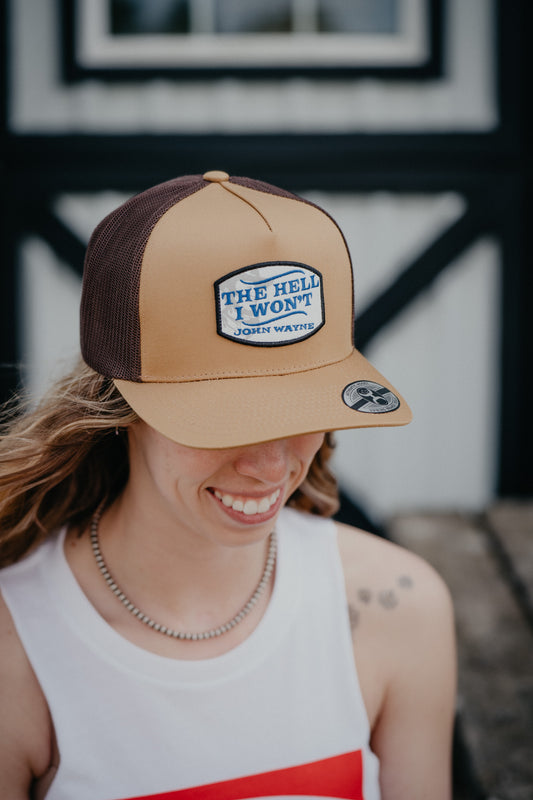 ‘The Hell I Won’t' Tan/Brown Hooey John Wayne 5-Panel Trucker Hat