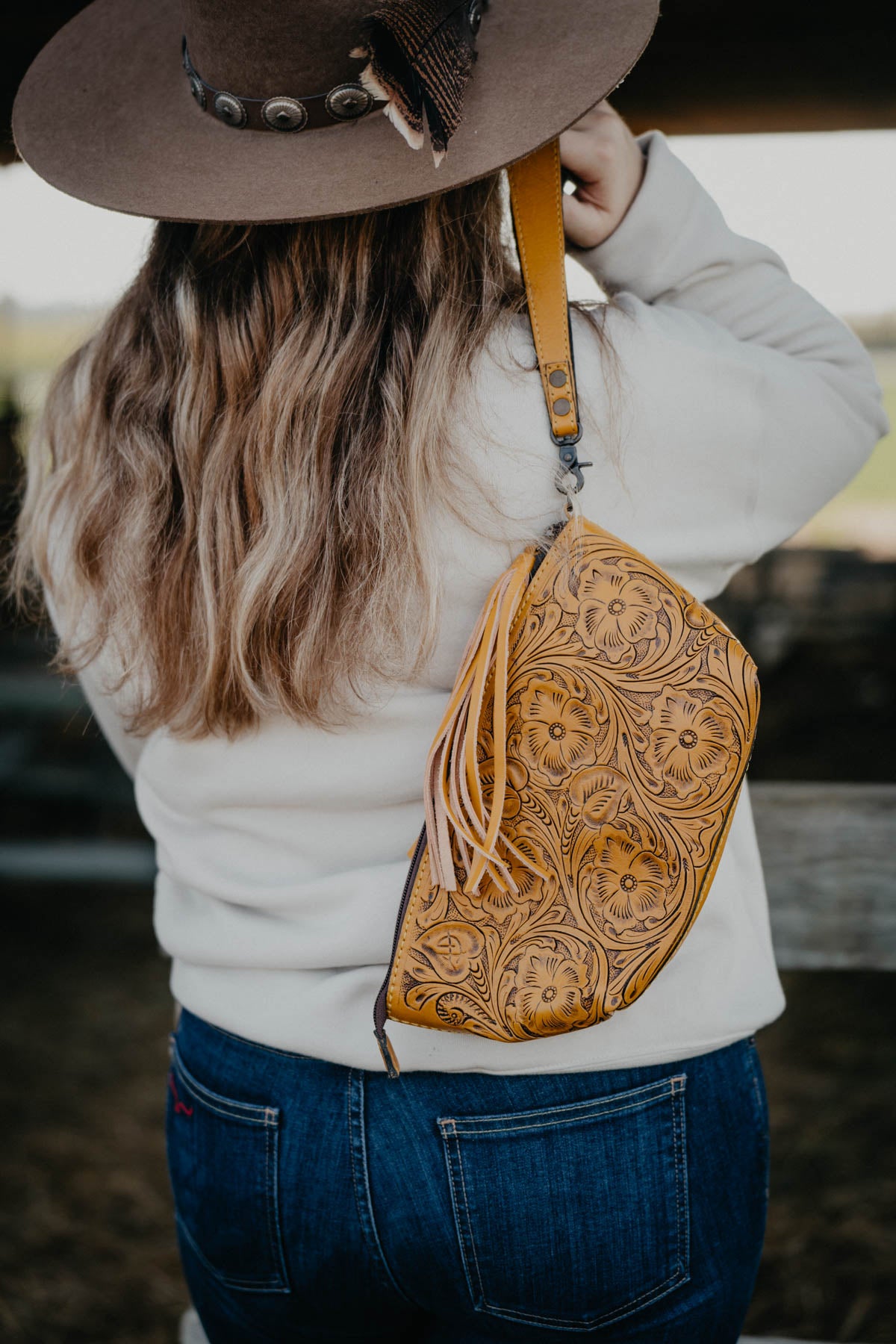 Mustard Tooled Leather Clutch with Fringe Tassel