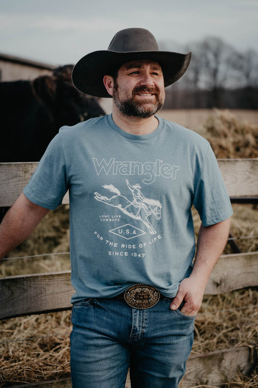 Men's Blue Cowboy Ride Wrangler T-shirt (S-XXL)