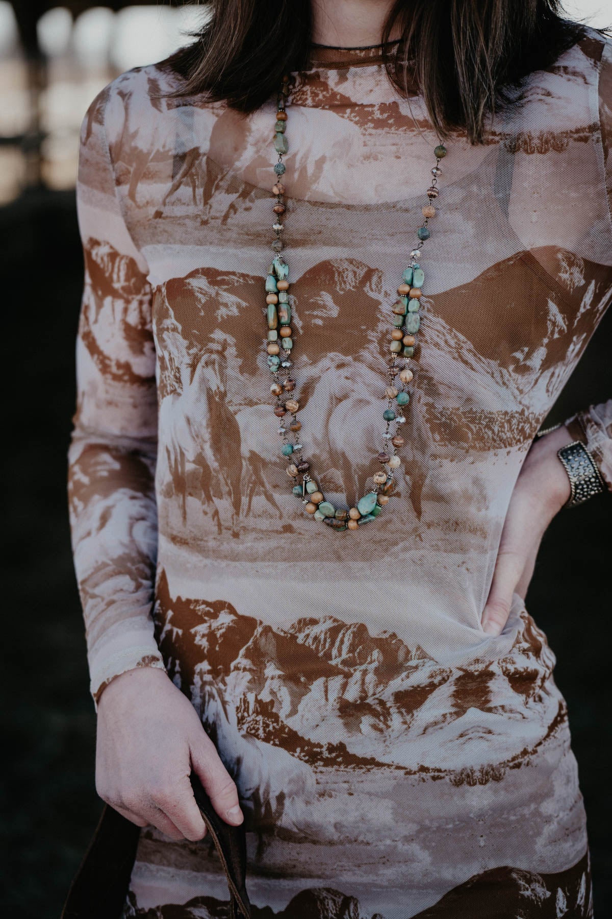 'Yvette' Turquoise Long Necklace with Jasper and Crystal Accents