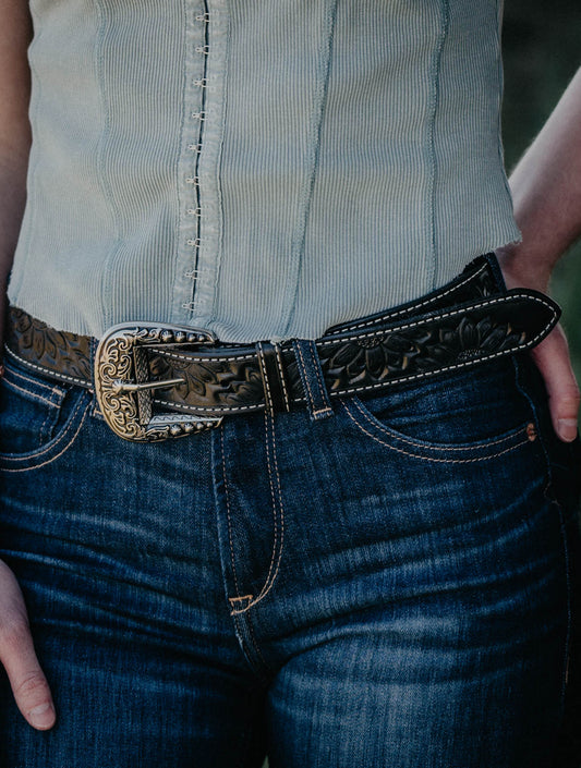 Black Daisy Tooled Belt with Buckle