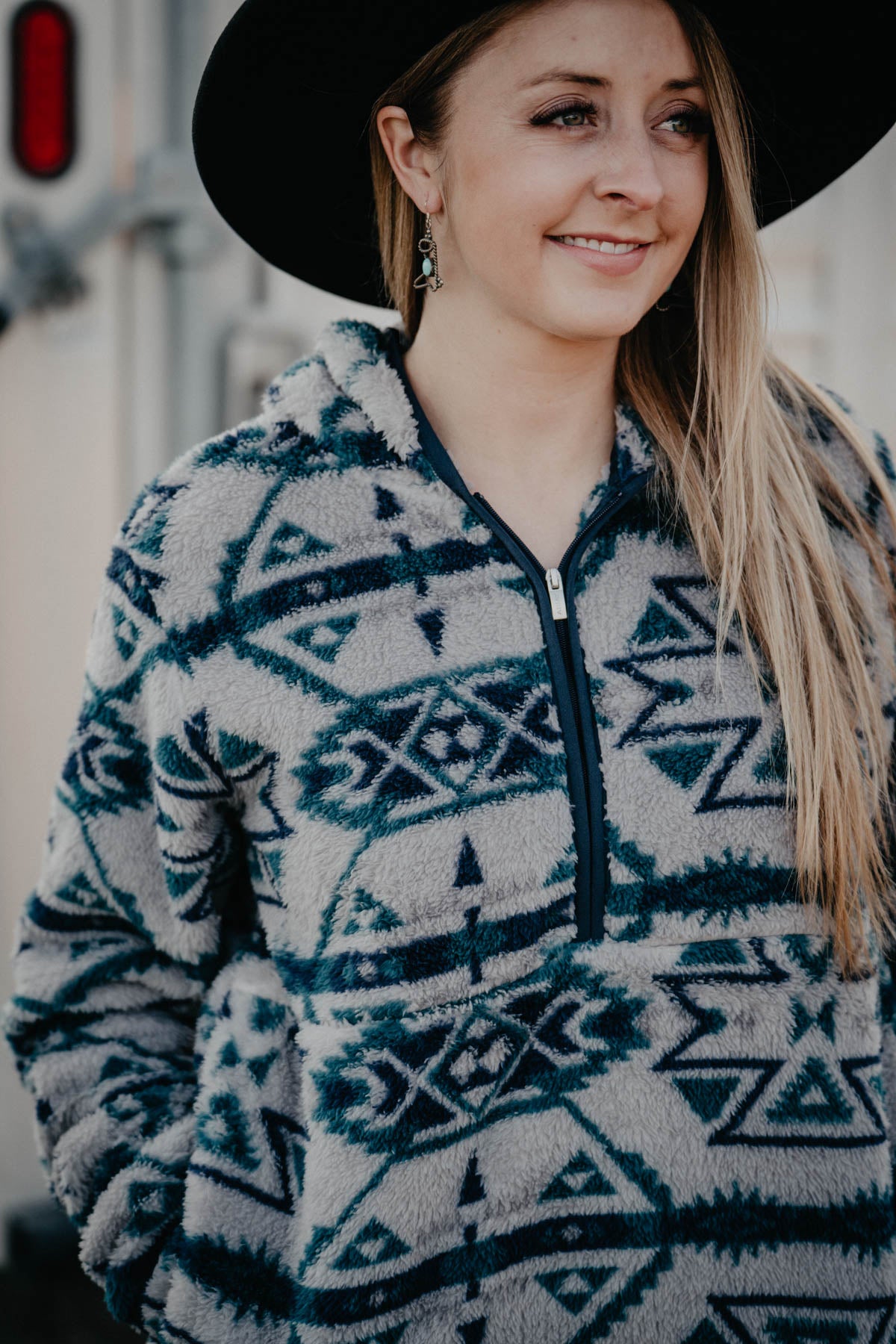 'Athabasca' Women's Ariat Grey Aztec 1/4 Zip Hooded Berber Pullover (XS - XXL)