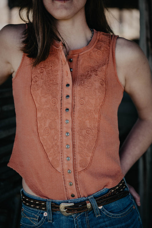 'Delaney' Embroidered Floral Tank (XS-XXL) Rust