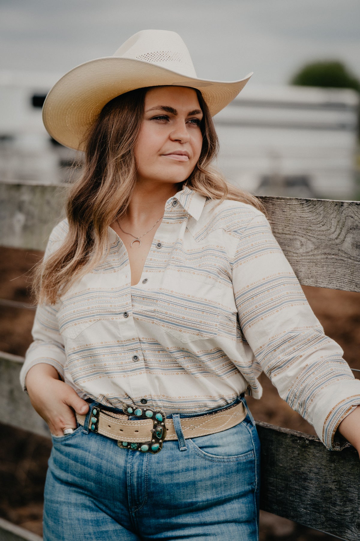 ‘Billie Jean’ Women's Ariat Blue & Mustard Jacquard Long Sleeve Shirt