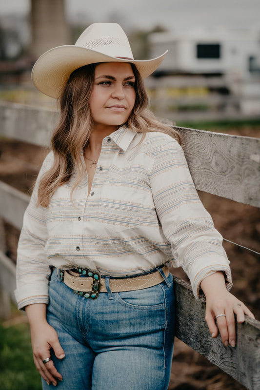 ‘Billie Jean’ Women's Ariat Blue & Mustard Jacquard Long Sleeve Shirt