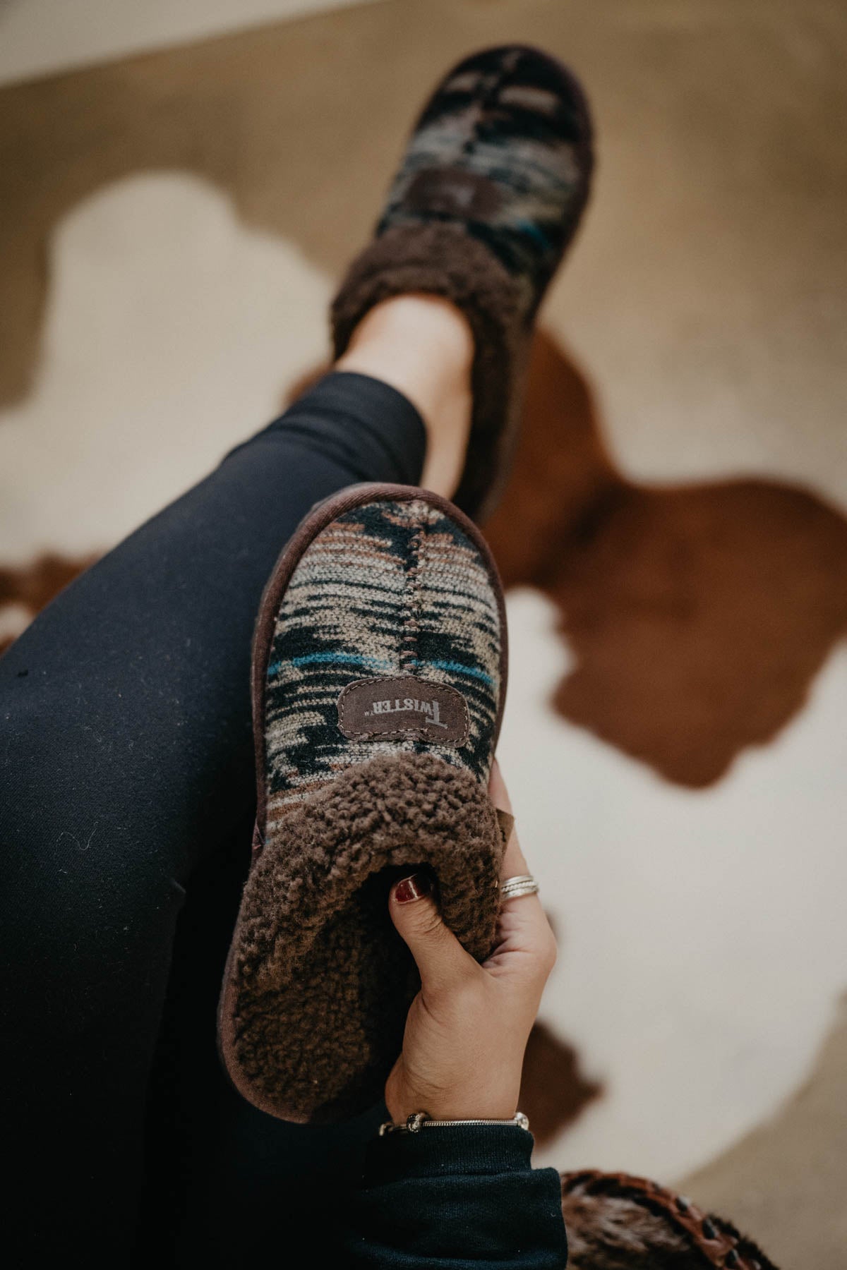 Men's Brown Aztec Slide Slippers with Faux Fur Trim