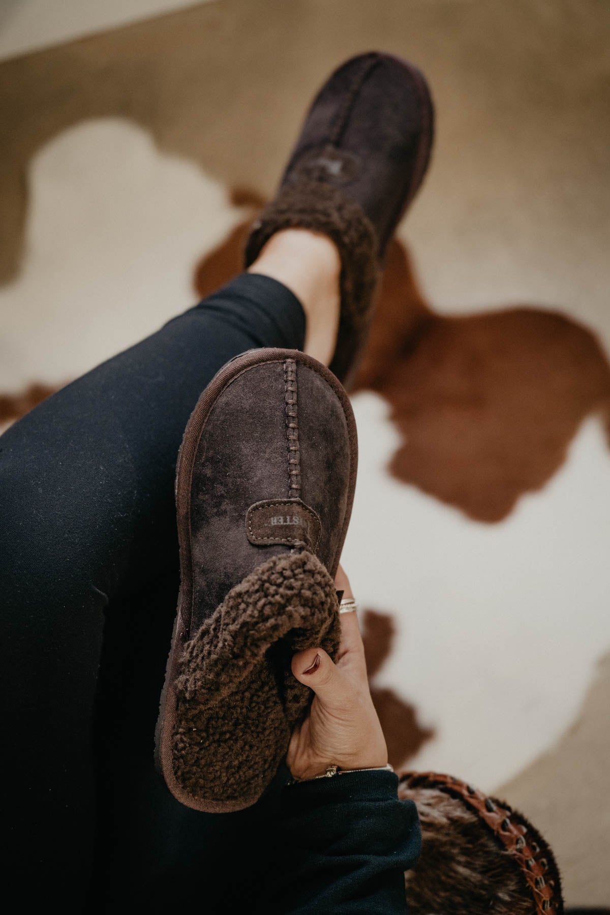 Men's Brown Slide Slippers with Faux Fur Trim