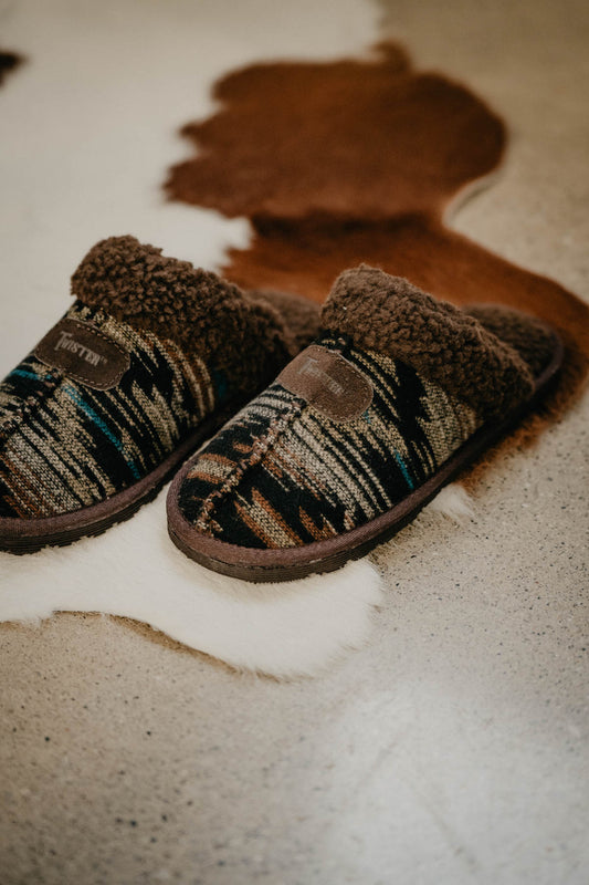 Men's Brown Aztec Slide Slippers with Faux Fur Trim
