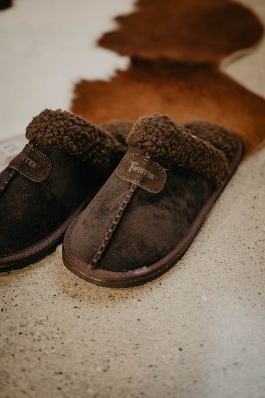 Men's Brown Slide Slippers with Faux Fur Trim