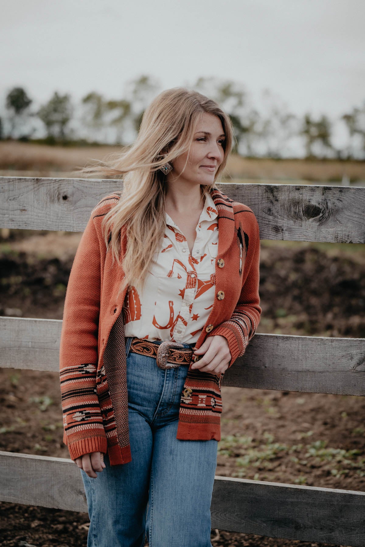 'Nola' Ivory & Rust Retro Print Pearl Snap Shirt (S - 2XL)