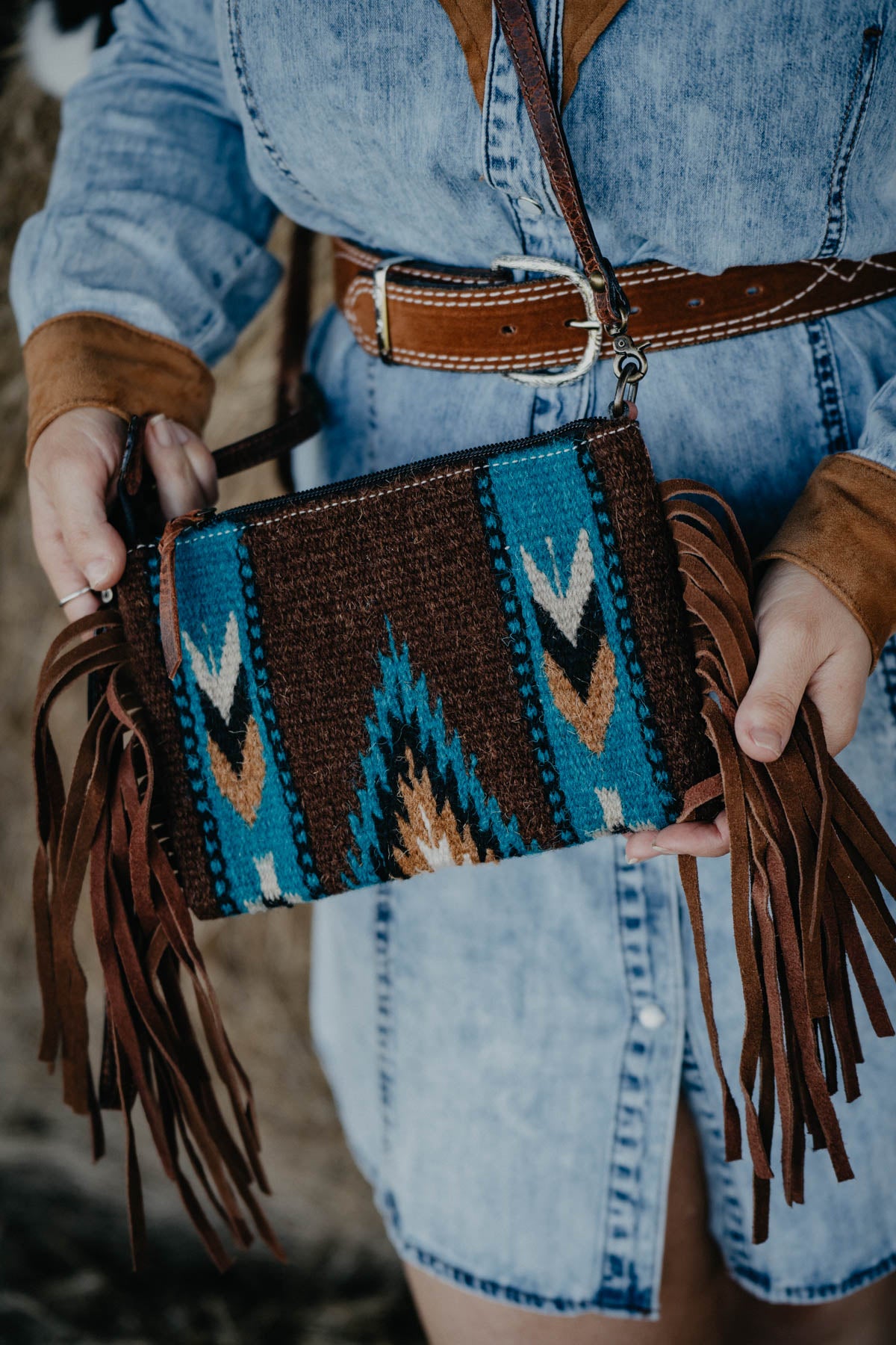 Wristlet Hand Bag Blue & Tan (Wool with Tooled Top)