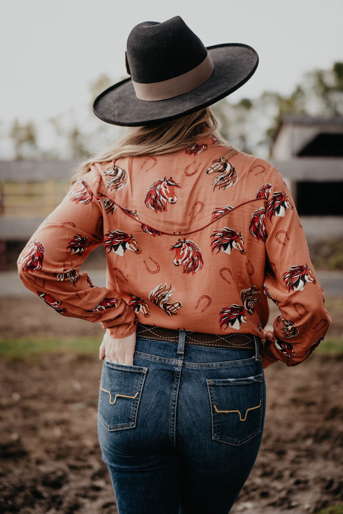 'Bria' Rust Vintage Horse Head Pearl Snap Shirt (S - XL)