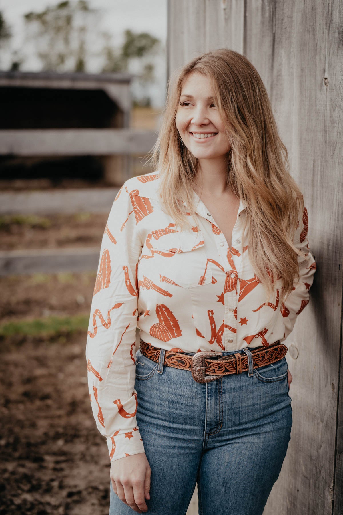 'Nola' Ivory & Rust Retro Print Pearl Snap Shirt (S - 2XL)