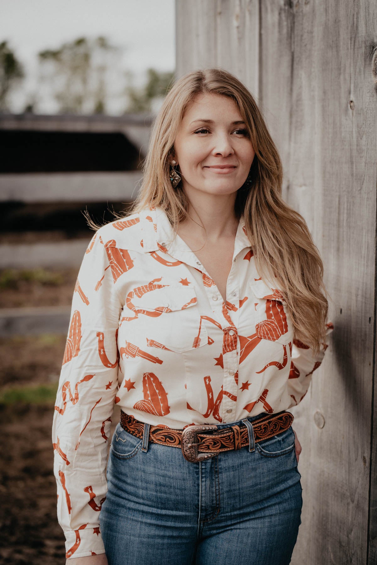 'Nola' Ivory & Rust Retro Print Pearl Snap Shirt (S - 2XL)