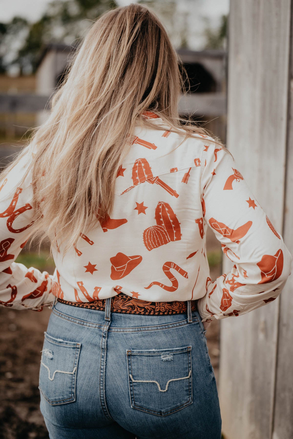 'Nola' Ivory & Rust Retro Print Pearl Snap Shirt (S - 2XL)